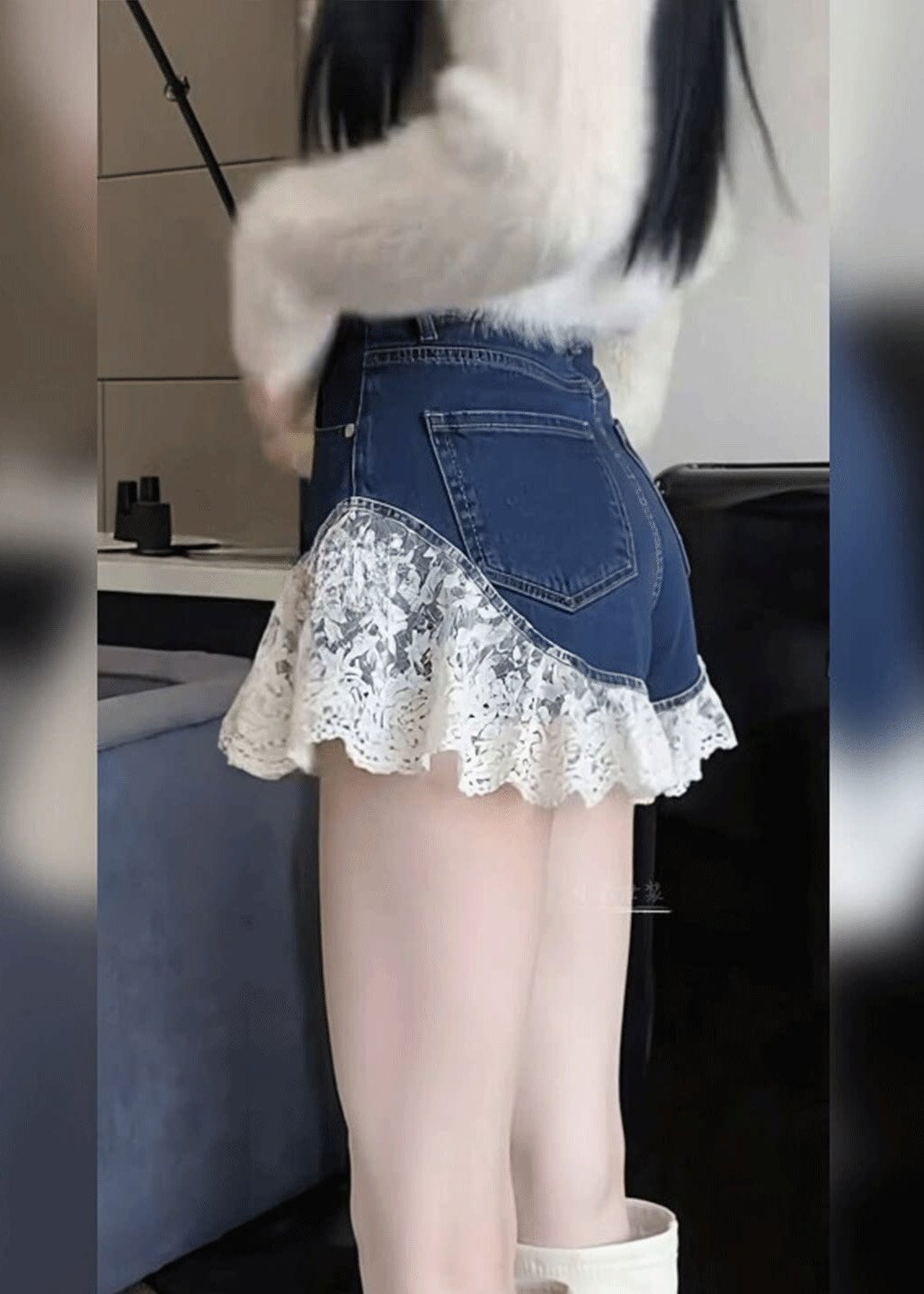 Sexy Black Silm Fit Lace Patchwork Denim Shorts Summer