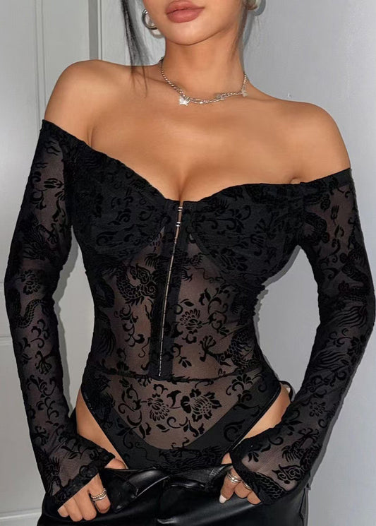 Sexy Black Slash Neck Jacquard Lace Sheer Jumpsuit