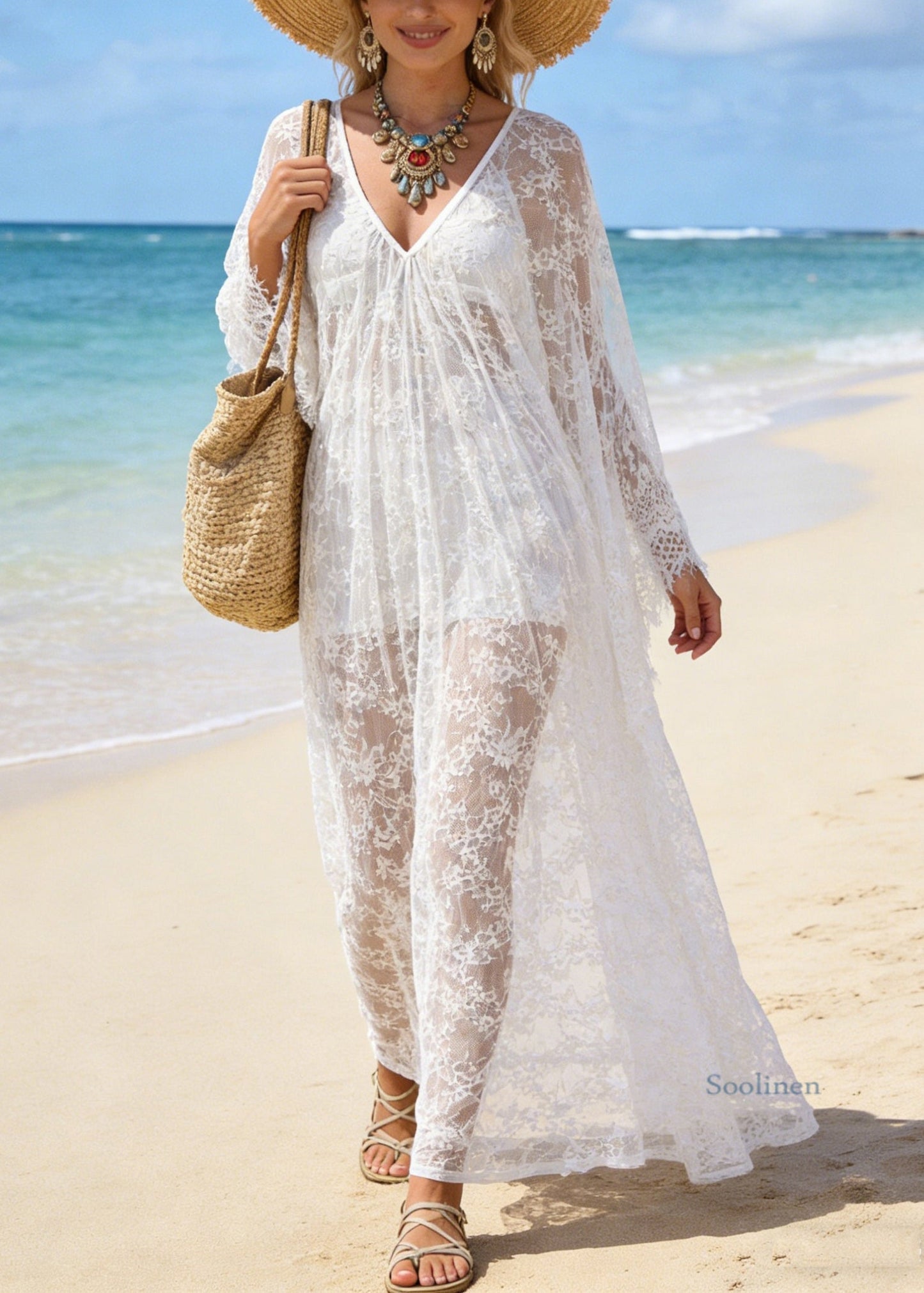 Sexy White V Neck Hollow Out Oversized Lace Vacation Dresses Summer