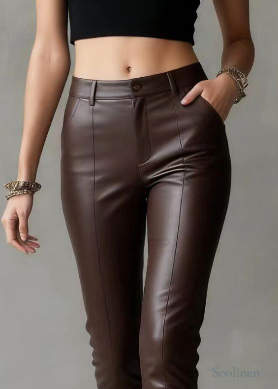 Silm Fit Brown High Waist Pockets Faux Leather Pants Spring