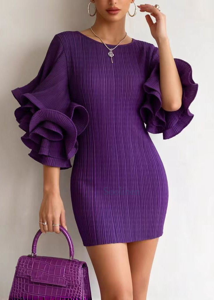 Silm Fit Purple O-Neck Patchwork Cotton Mini Dresses Petal Sleeve