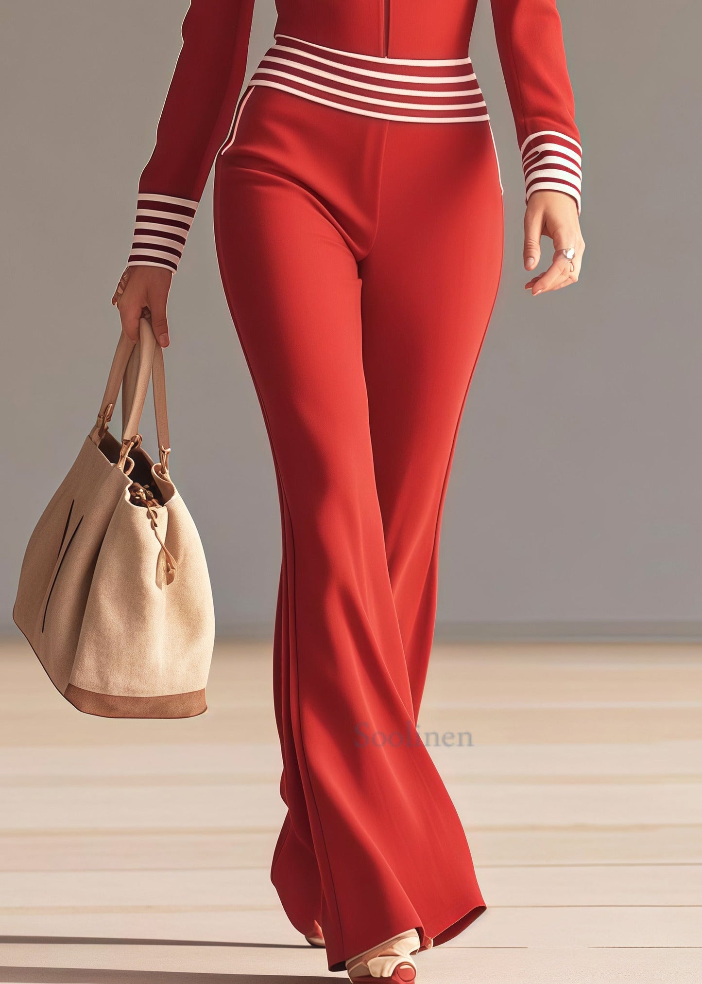 Silm Fit Red V Neck Patchwork Striped Chiffon Jumpsuits Spring