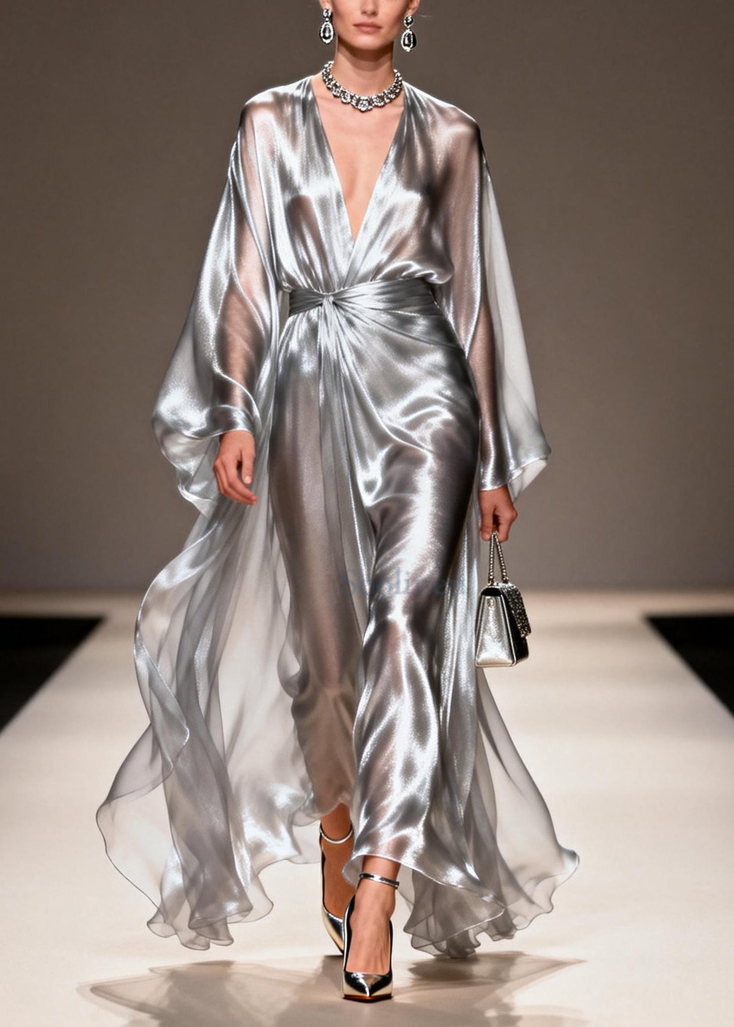 Silvery Draping Chiffon Dresses V Neck Exra Large Hem Summer