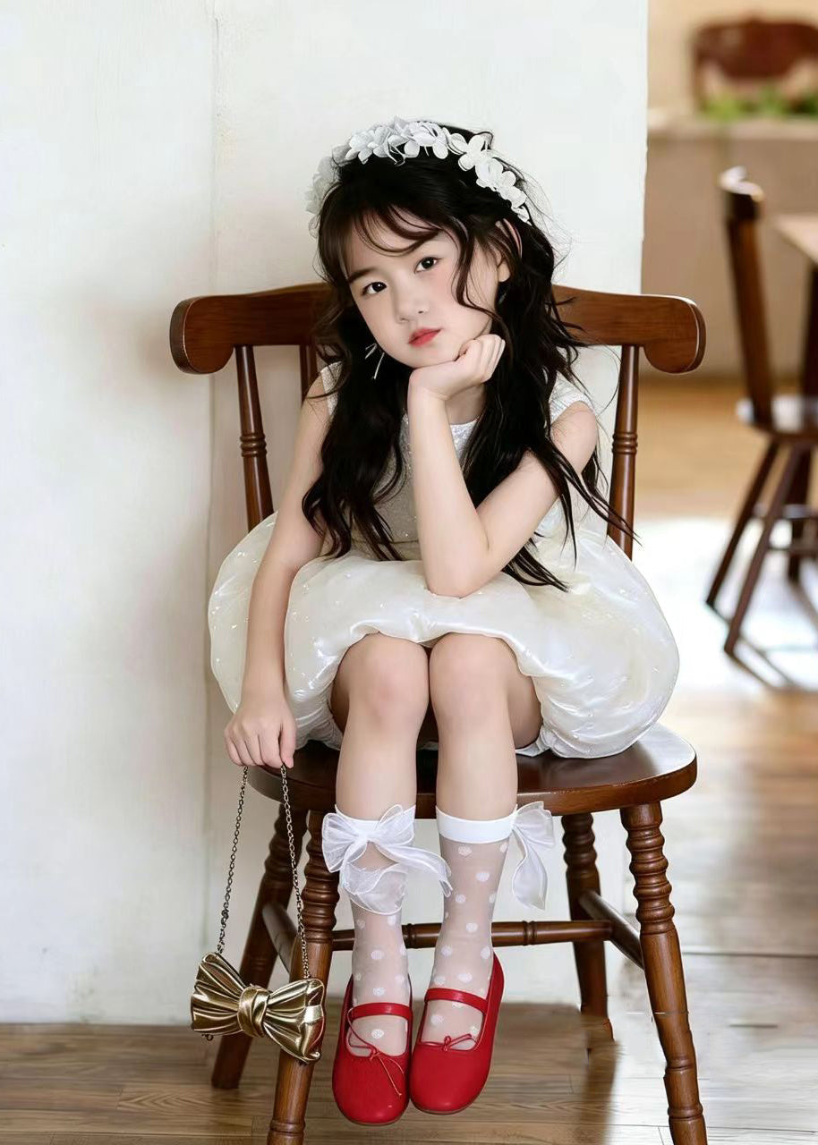 Simple Apricot Dot Print Silk Kids Girls Maxi Dresses Summer