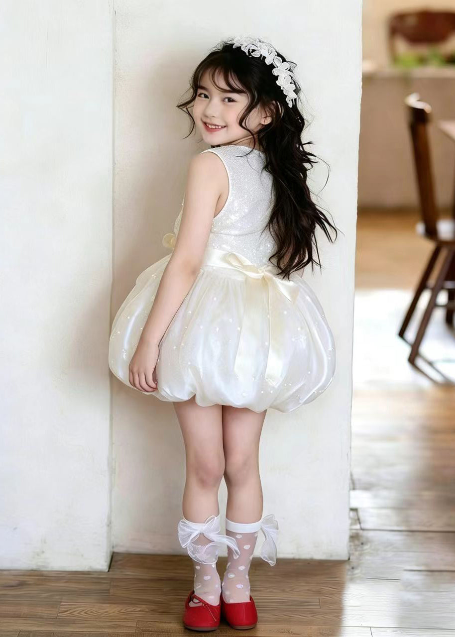 Simple Apricot Dot Print Silk Kids Girls Maxi Dresses Summer