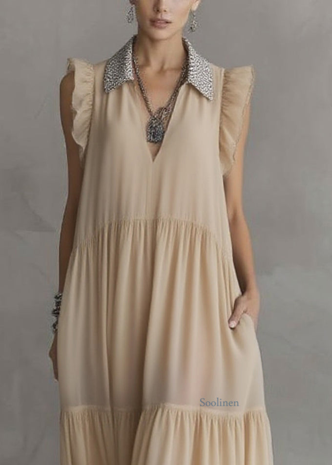 Simple Apricot Peter Pan Collar Wrinkled Solid Chiffon Maxi Dresses Summer