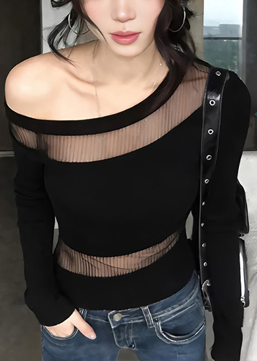Simple Black One Shoulder Patchwork Tulle Shirt Tops Summer