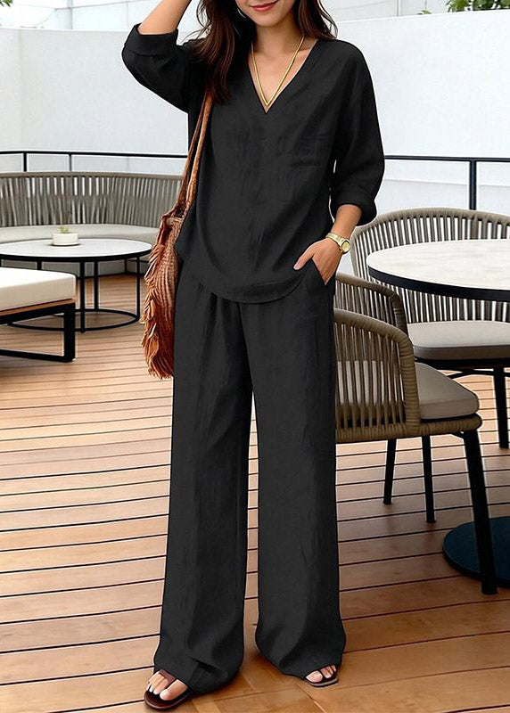 Simple Black V Neck Patchwork Top And Wide Leg Pants Two Pieces Set Short Sleeve