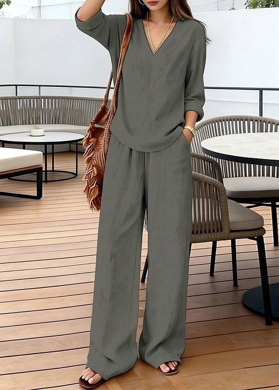 Simple Black V Neck Patchwork Top And Wide Leg Pants Two Pieces Set Short Sleeve
