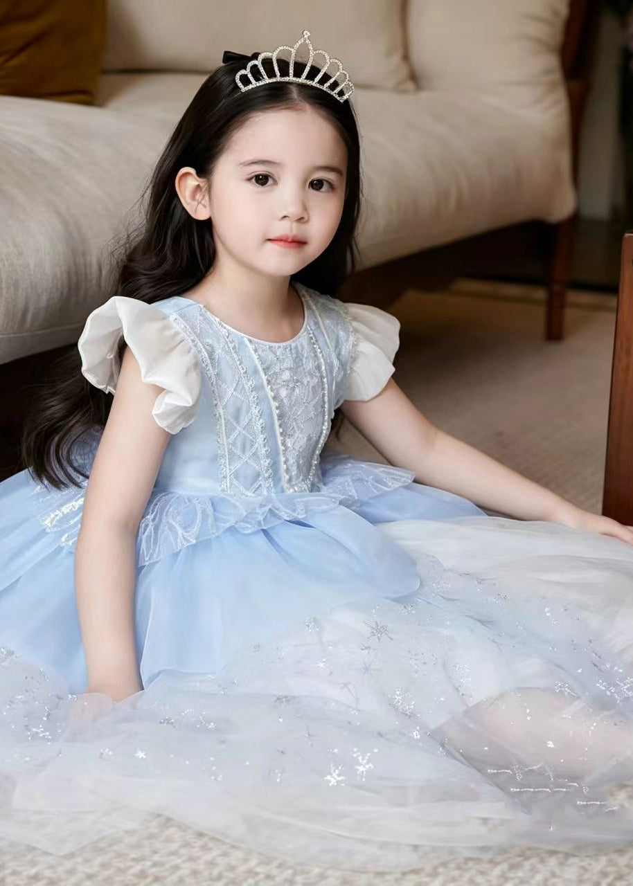 Simple Blue Sequins Pearl Tulle Baby Girls Party Dress Butterfly Sleeve