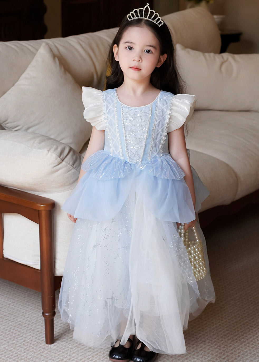 Simple Blue Sequins Pearl Tulle Baby Girls Party Dress Butterfly Sleeve