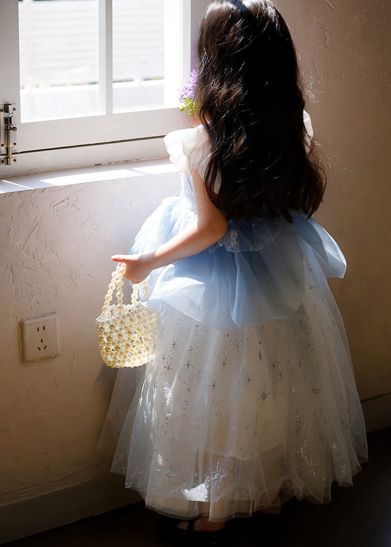 Simple Blue Sequins Pearl Tulle Baby Girls Party Dress Butterfly Sleeve