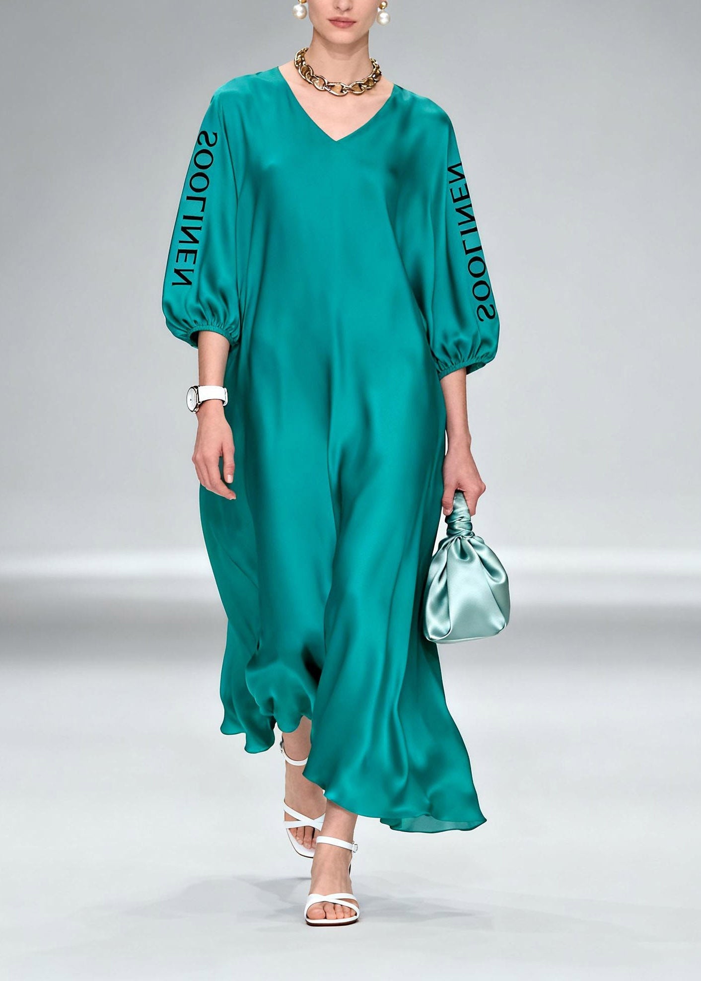 Simple Blue V Neck Graphic Silk Long Dress Lanter Sleeve