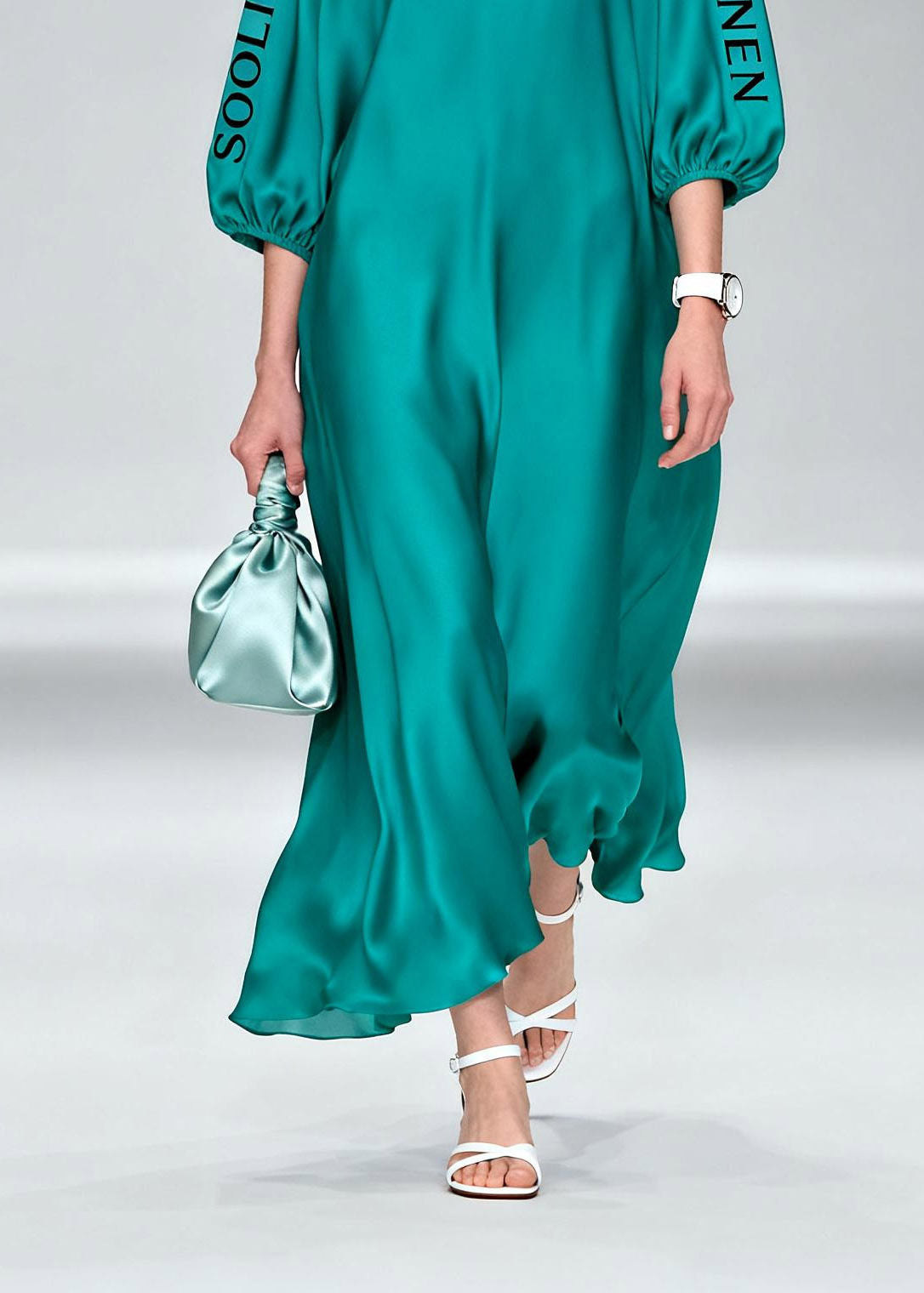 Simple Blue V Neck Graphic Silk Long Dress Lanter Sleeve
