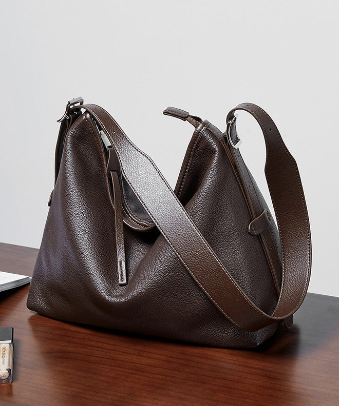 Simple Coffee Calf Leather Large Capacity Shoulder Bag