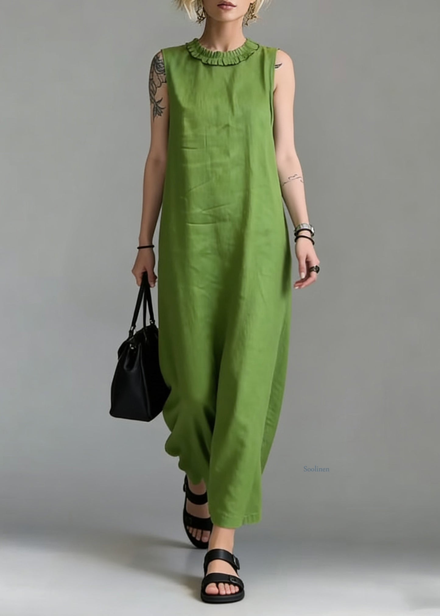 Simple Green Ruffled Solid Cotton Long Dress Sleeveless