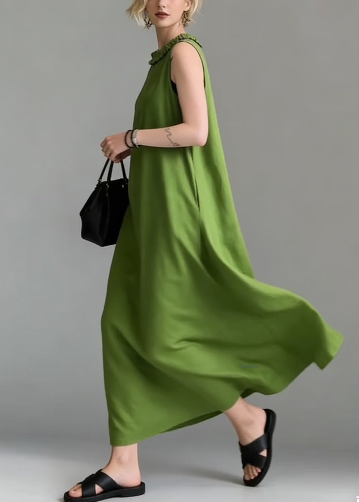 Simple Green Ruffled Solid Cotton Long Dress Sleeveless