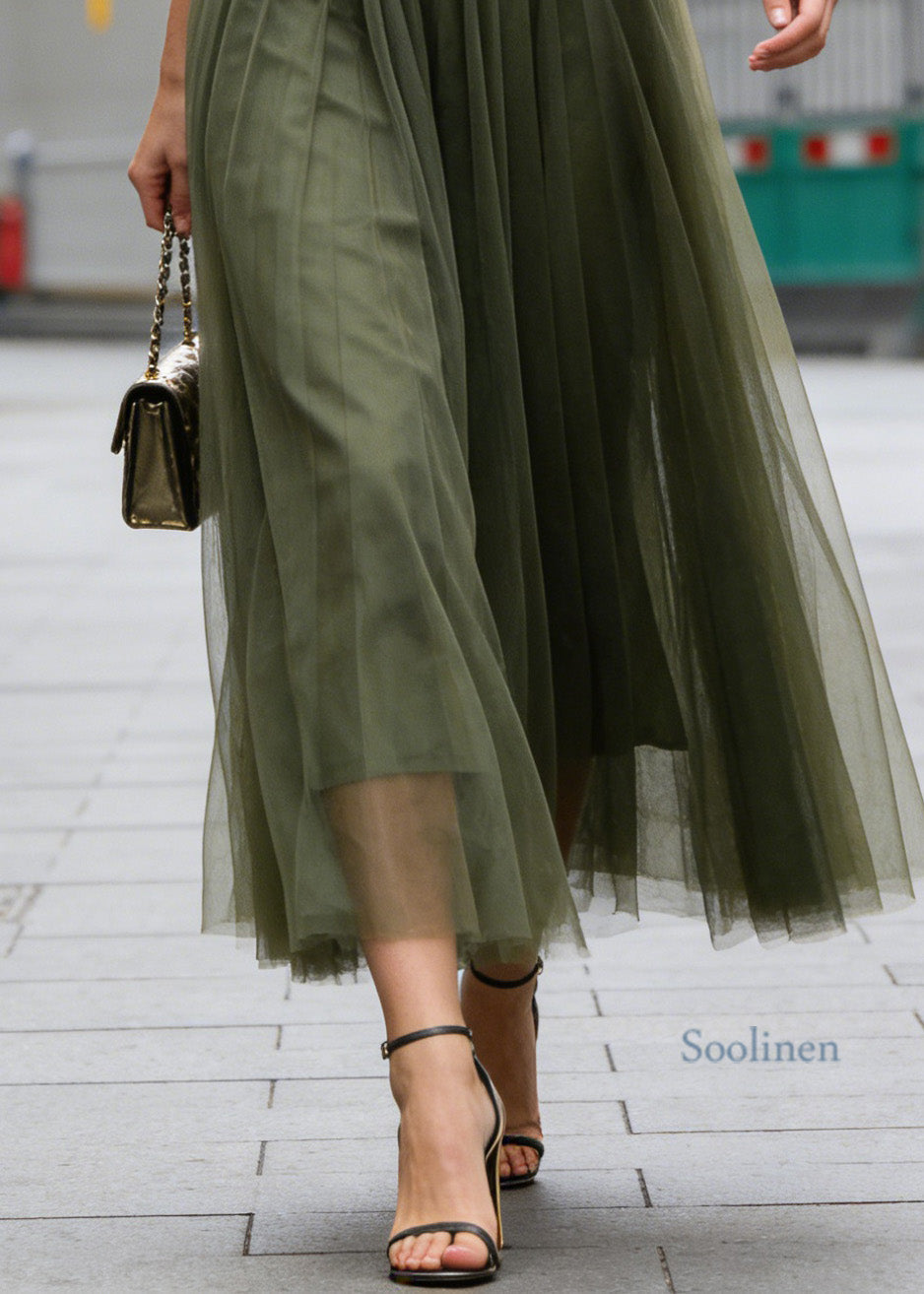 Simple Green Wrinkled Patchwork Tulle Skirts Sprin