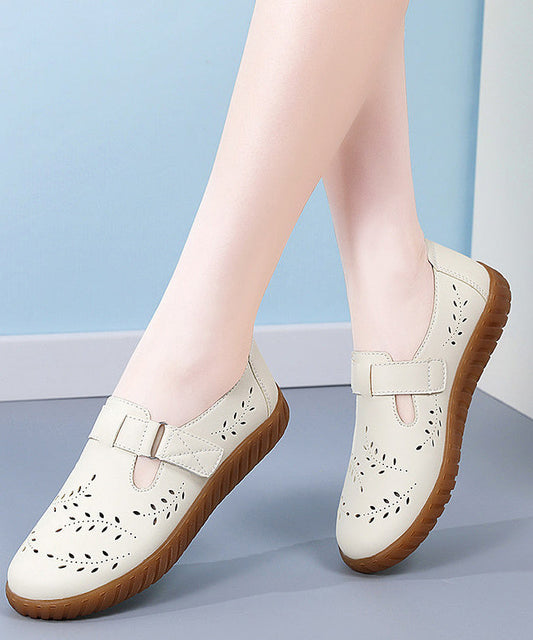 Simple Hollow Out Flat Feet Shoes White Cowhide Leather