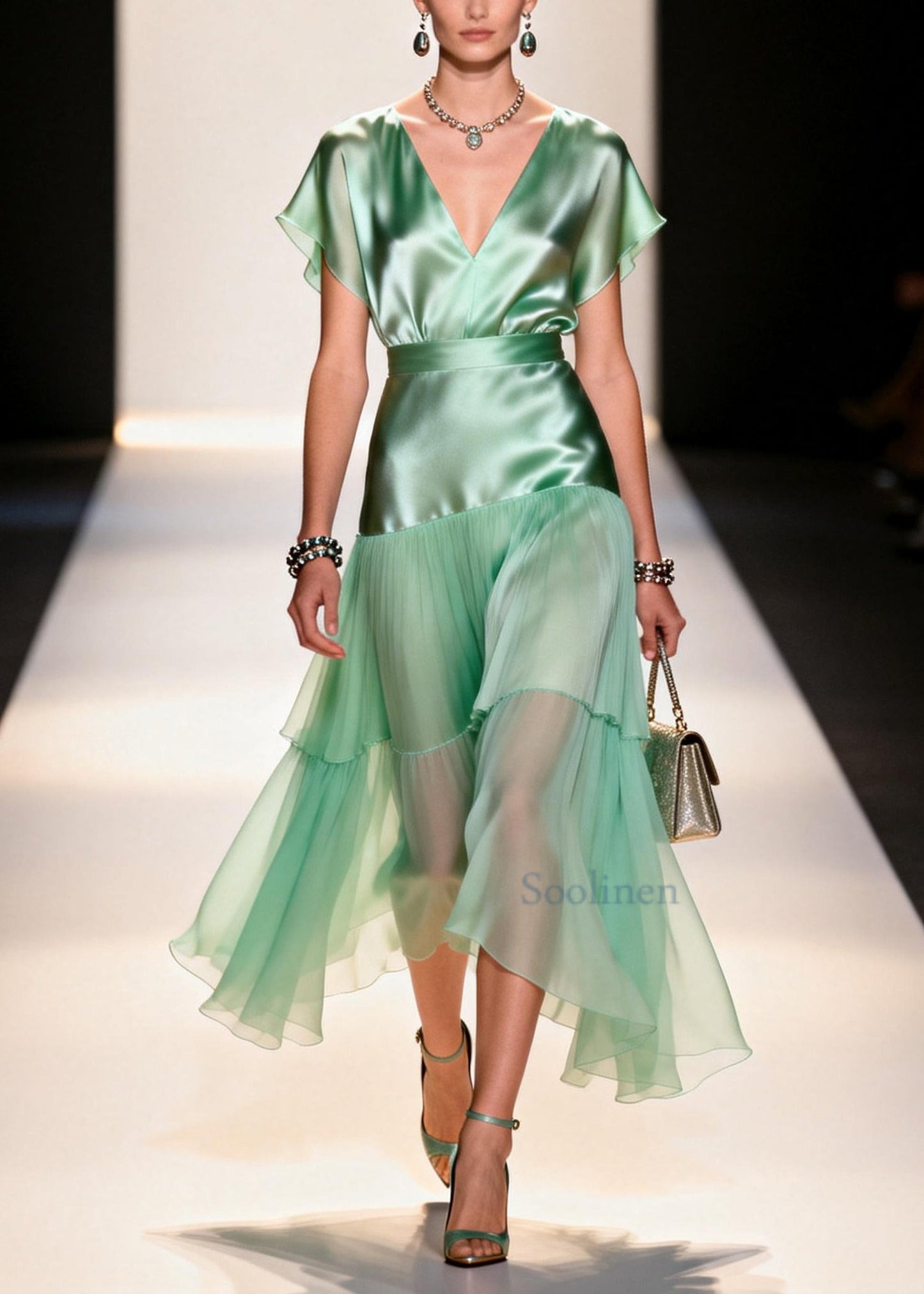 Simple Light Green V Neck Patchwork Chiffon Robe Dresses Summer
