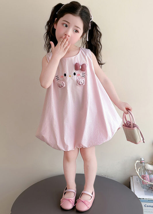 Simple Pink Embroideried Cotton Kids Girls A Line Dress Summer