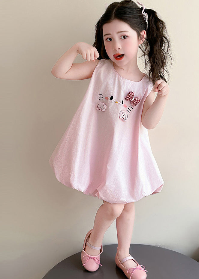 Simple Pink Embroideried Cotton Kids Girls A Line Dress Summer