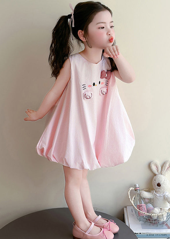 Simple Pink Embroideried Cotton Kids Girls A Line Dress Summer
