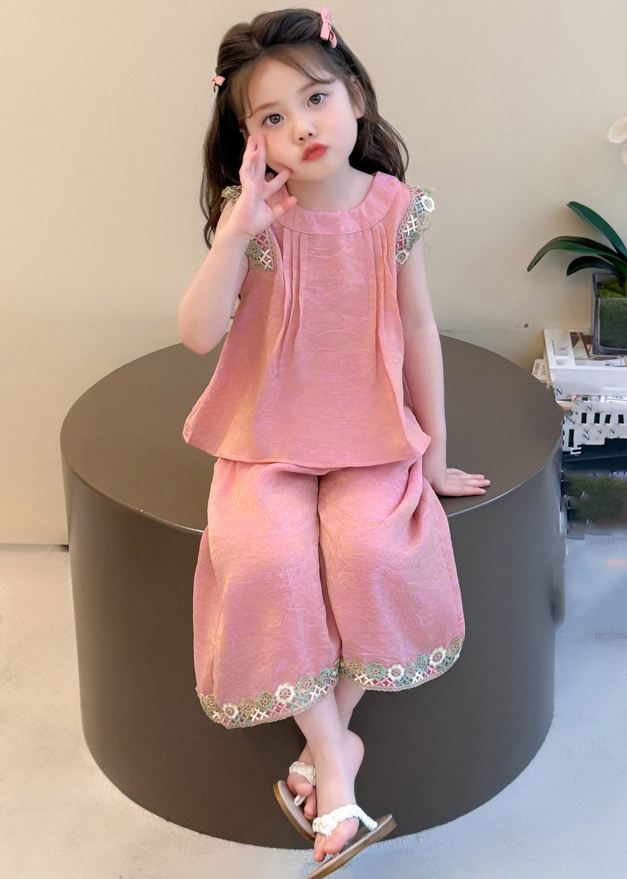 Simple Pink Patchwork Kids Top And Wide Leg Pants Two Piece Set Sleeveless