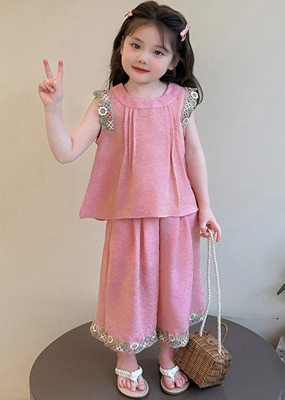 Simple Pink Patchwork Kids Top And Wide Leg Pants Two Piece Set Sleeveless