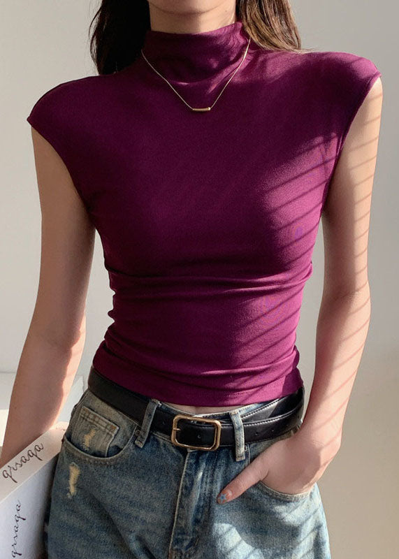 Simple Purple Hign Neck Short Sleeve Yoga Top