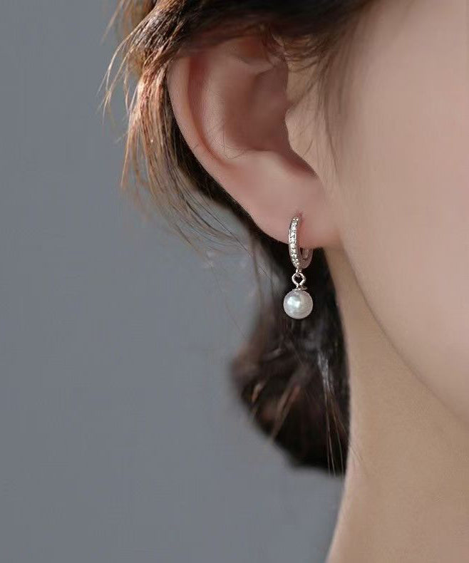 Simple Silk Strergild Silver Zircon Pearl Hoop Earrings