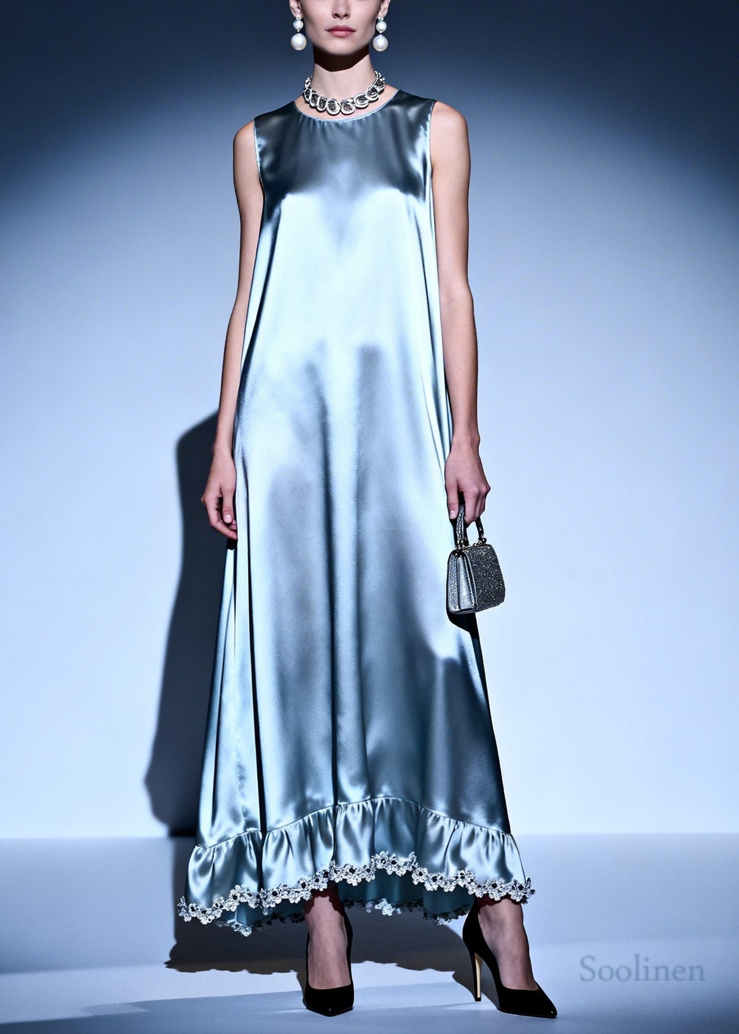Simple Silvery Oversized Lace Patchwork Silk Ankle Dress Sleeveless