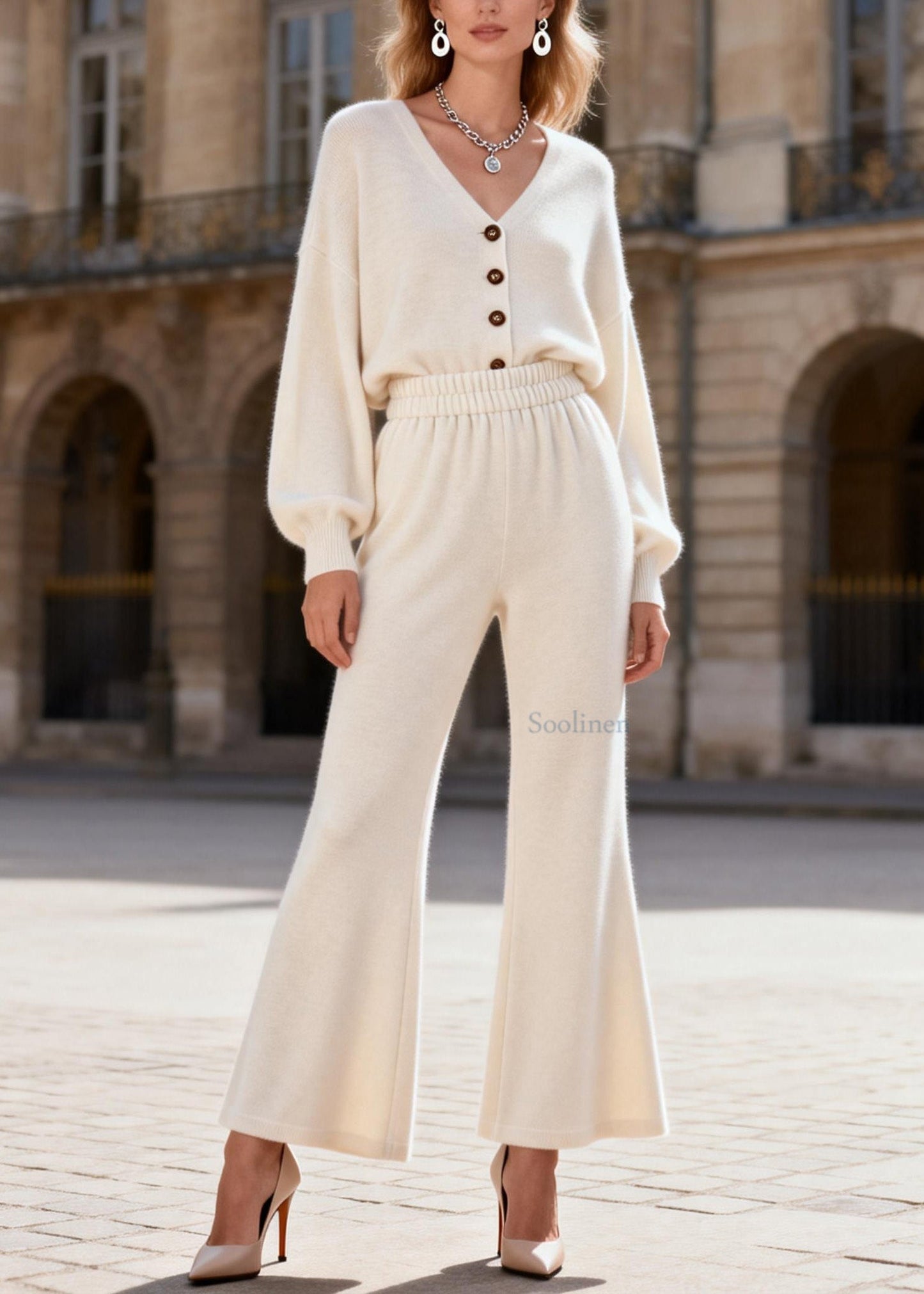 Simple V Neck Top And Pants Knit Women Sets 2 Pieces Spring