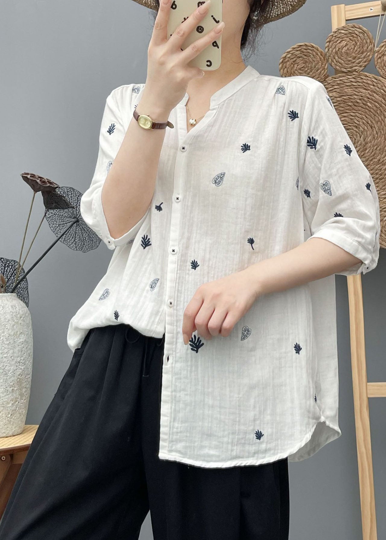Simple White Embroidered Cotton Top Half Sleeve