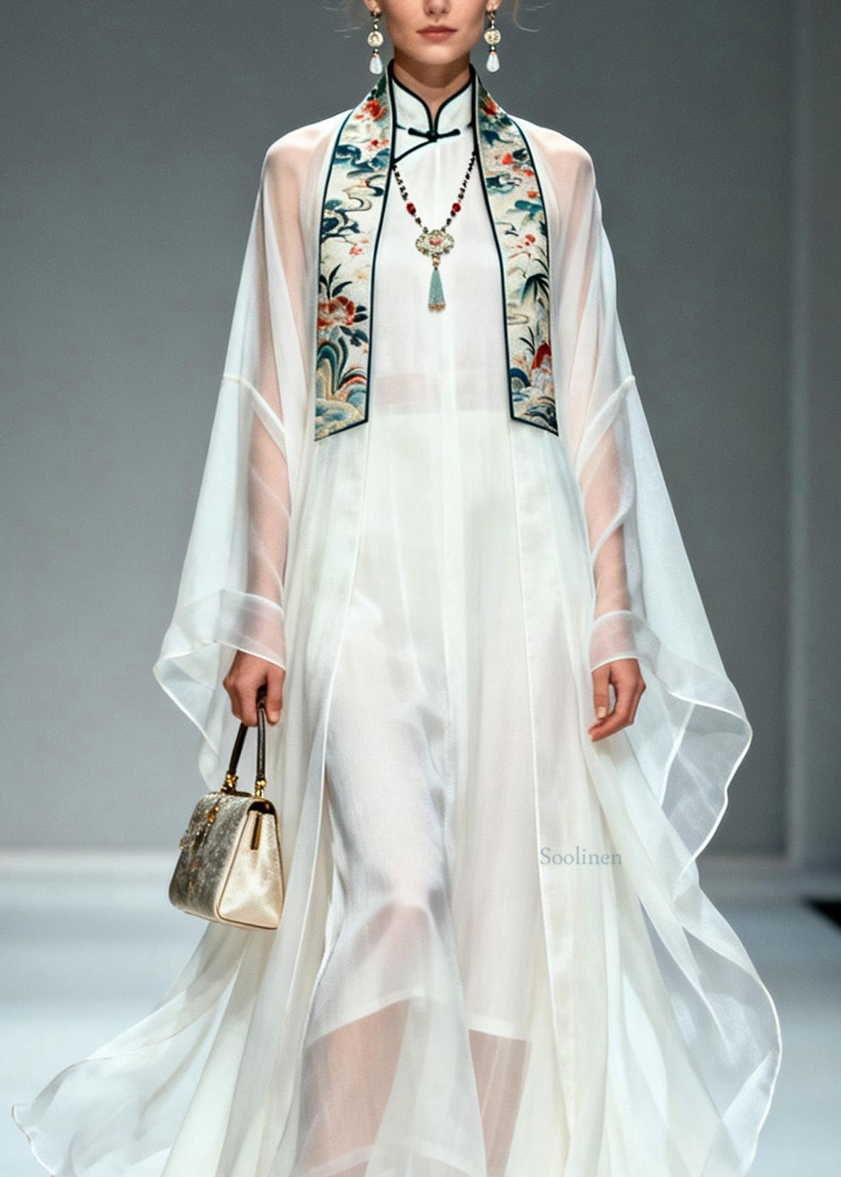 Simple White Stand Collar Patchwork Chiffon Two Piece Set Summer
