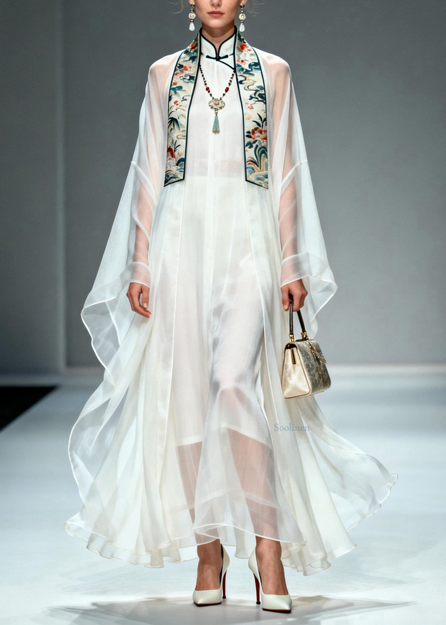 Simple White Stand Collar Patchwork Chiffon Two Piece Set Summer