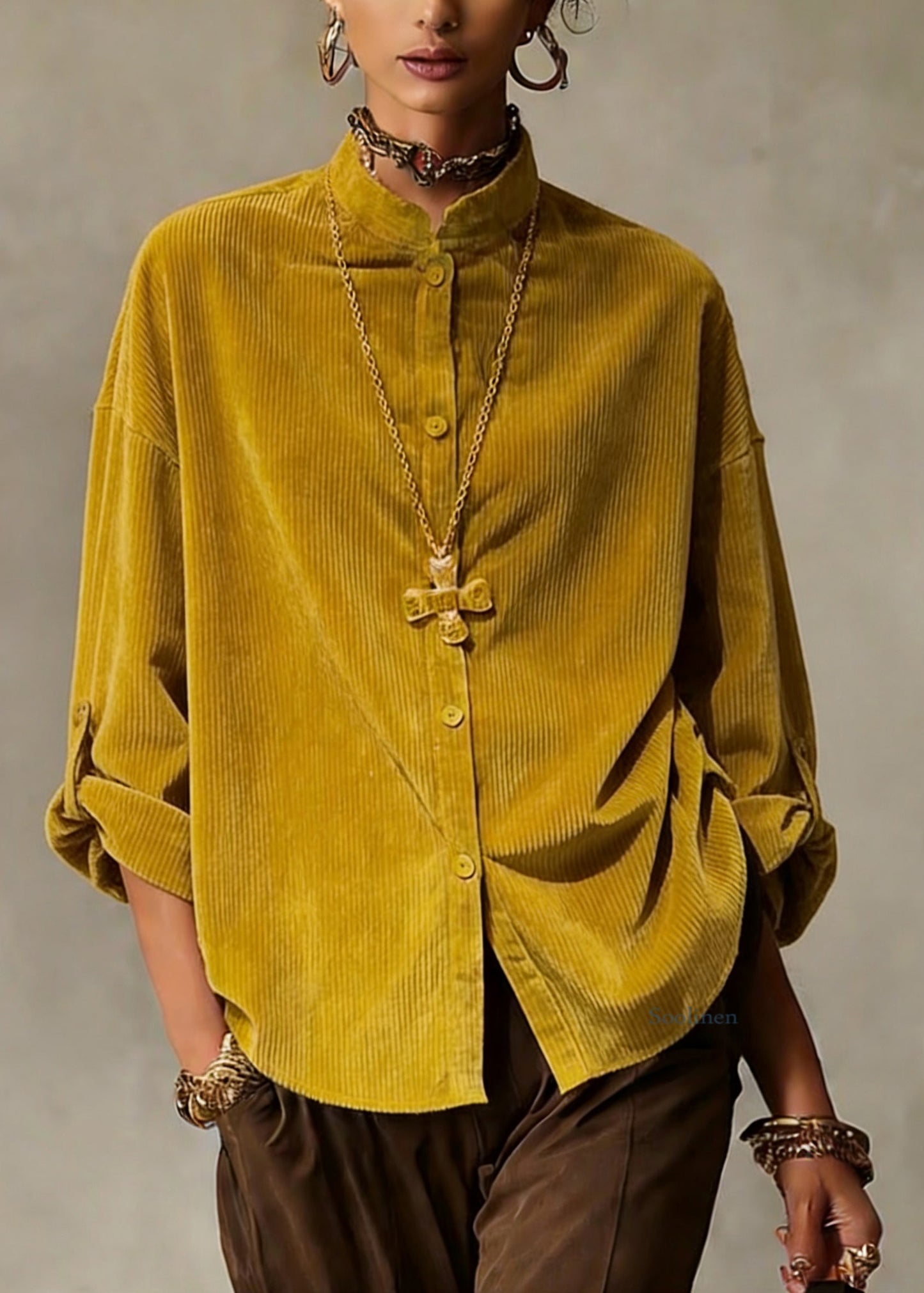 Simple Yellow Stand Collar Button Solid Shirts Spring