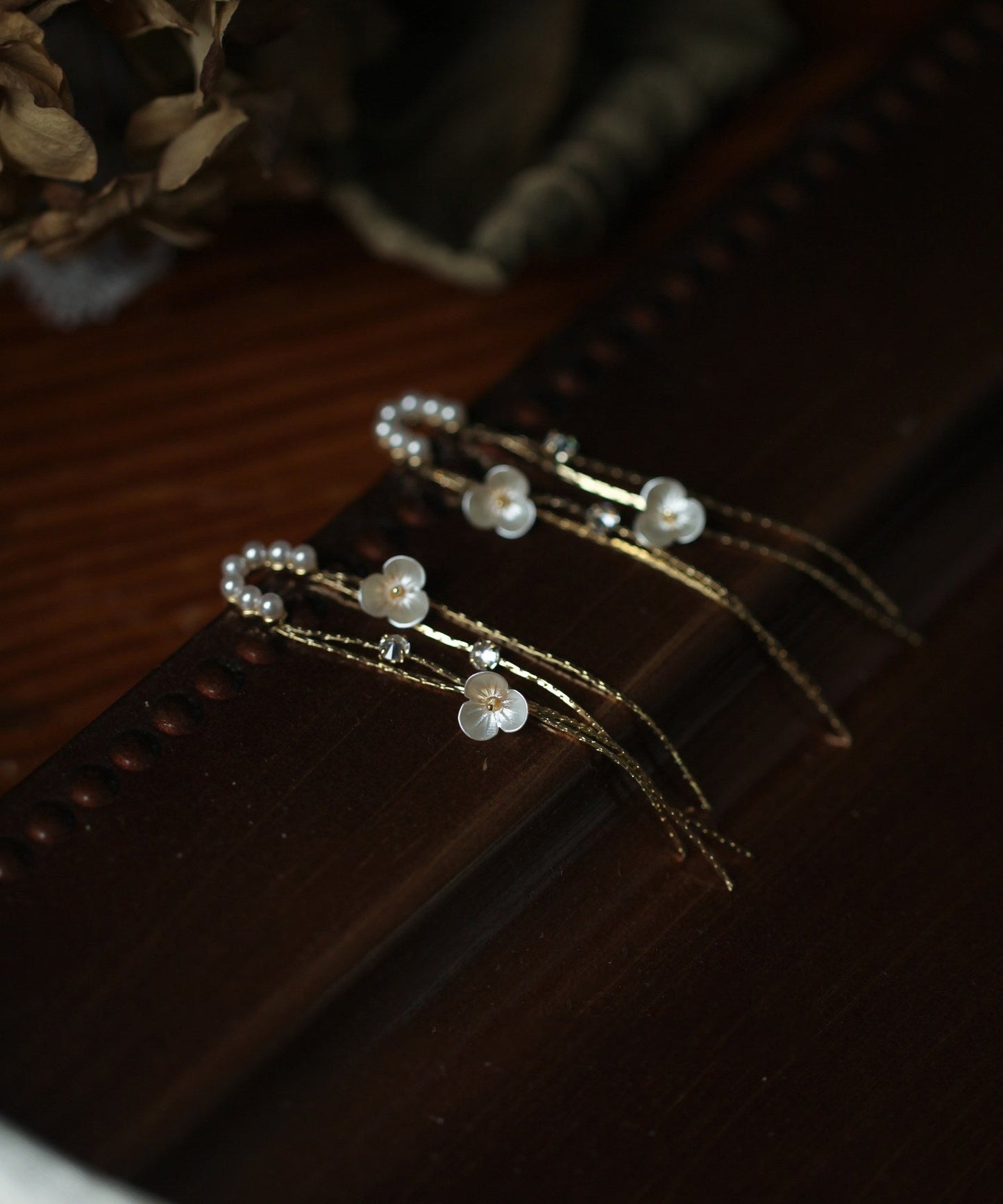 Skinny Gold Alloy Pearl Floral Tassel Drop Earrings