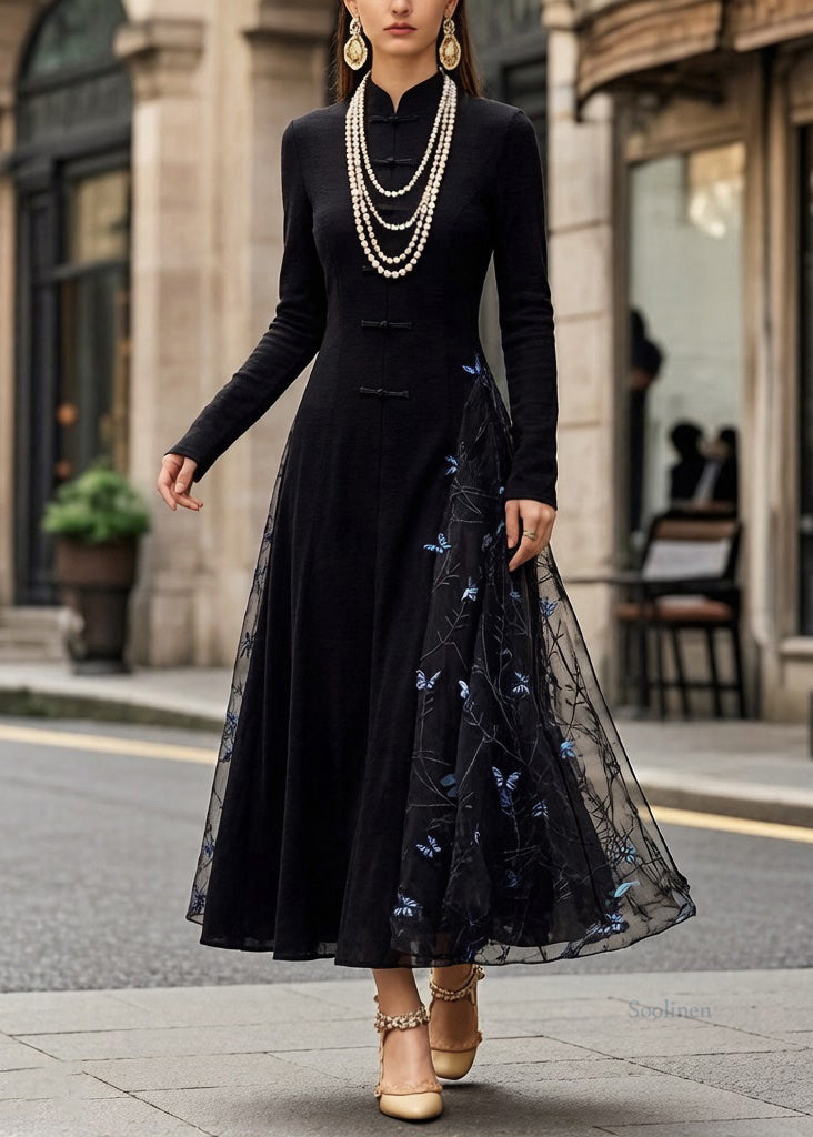 Slim Fit Black Chinese Button Butterfly Tulle Patchwork Long Dresses Spring