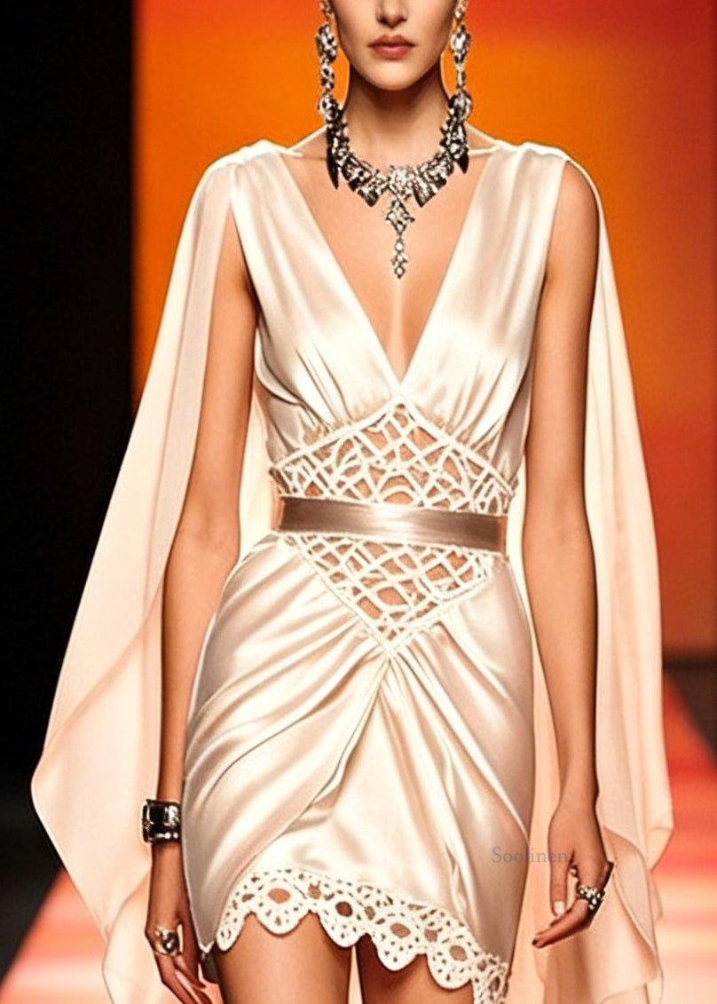 Slim Fit Champagne Color Asymmetrical Hollow Out Patchwork Silk Mid Dress Summer