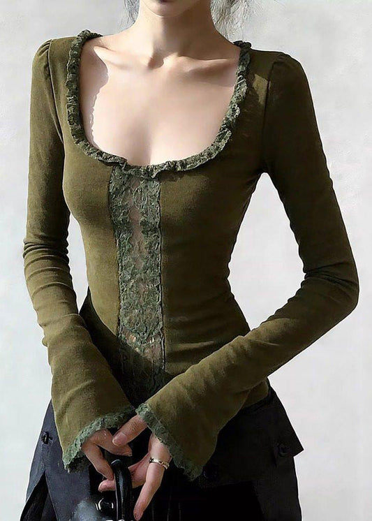 Slim Fit Green Ruffled Lace Patchwork Cotton T Shirts Spring