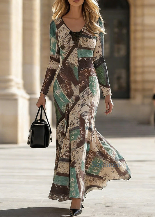 Slim Fit Green V Neck Print Long Dress Spring