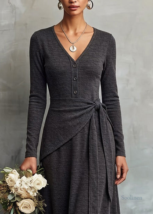 Slim Fit Grey V Neck Tie Waist False Two Pieces Knitting Cotton Dress Spring