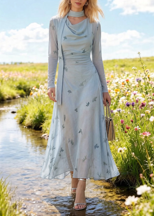 Slim Fit Light Blue Bow Print Cinched Tulle Long Dress Spring