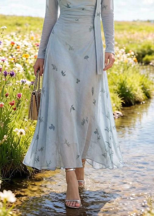 Slim Fit Light Blue Bow Print Cinched Tulle Long Dress Spring