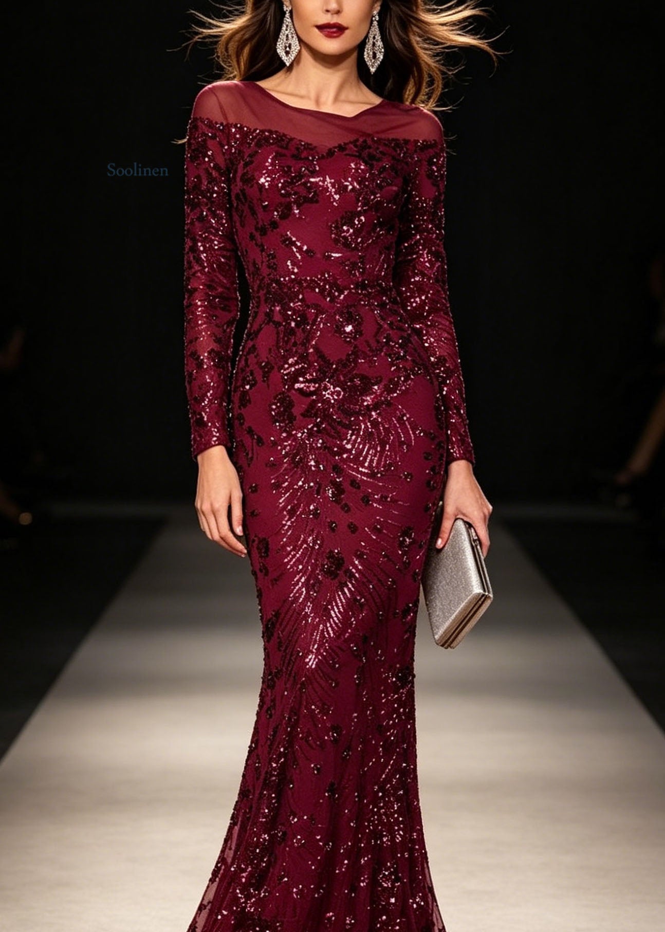 Slim Fit Mulberry O Neck Sequins Maxi Dresses Long Sleeve