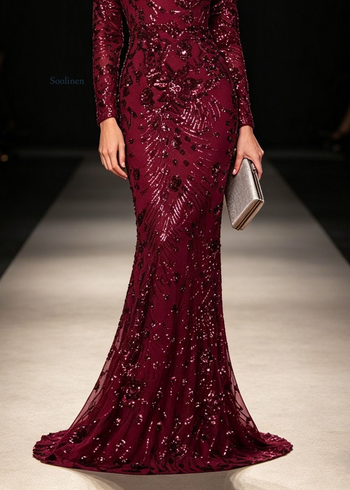 Slim Fit Mulberry O Neck Sequins Maxi Dresses Long Sleeve