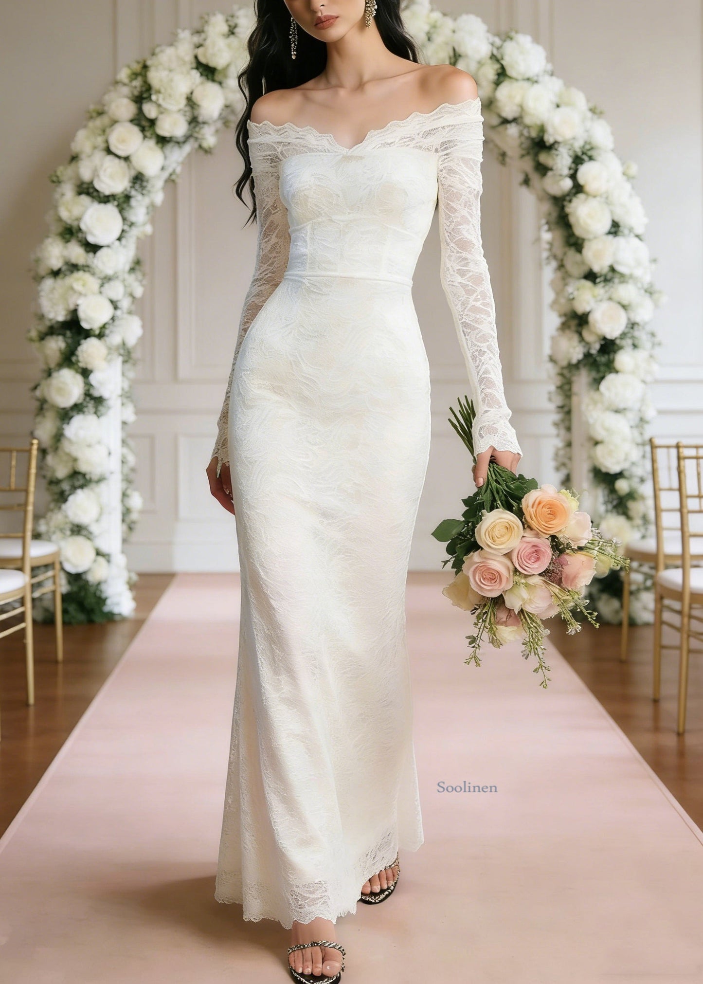Slim Fit White Slash Neck High Waist Solid Long Dresses Spring
