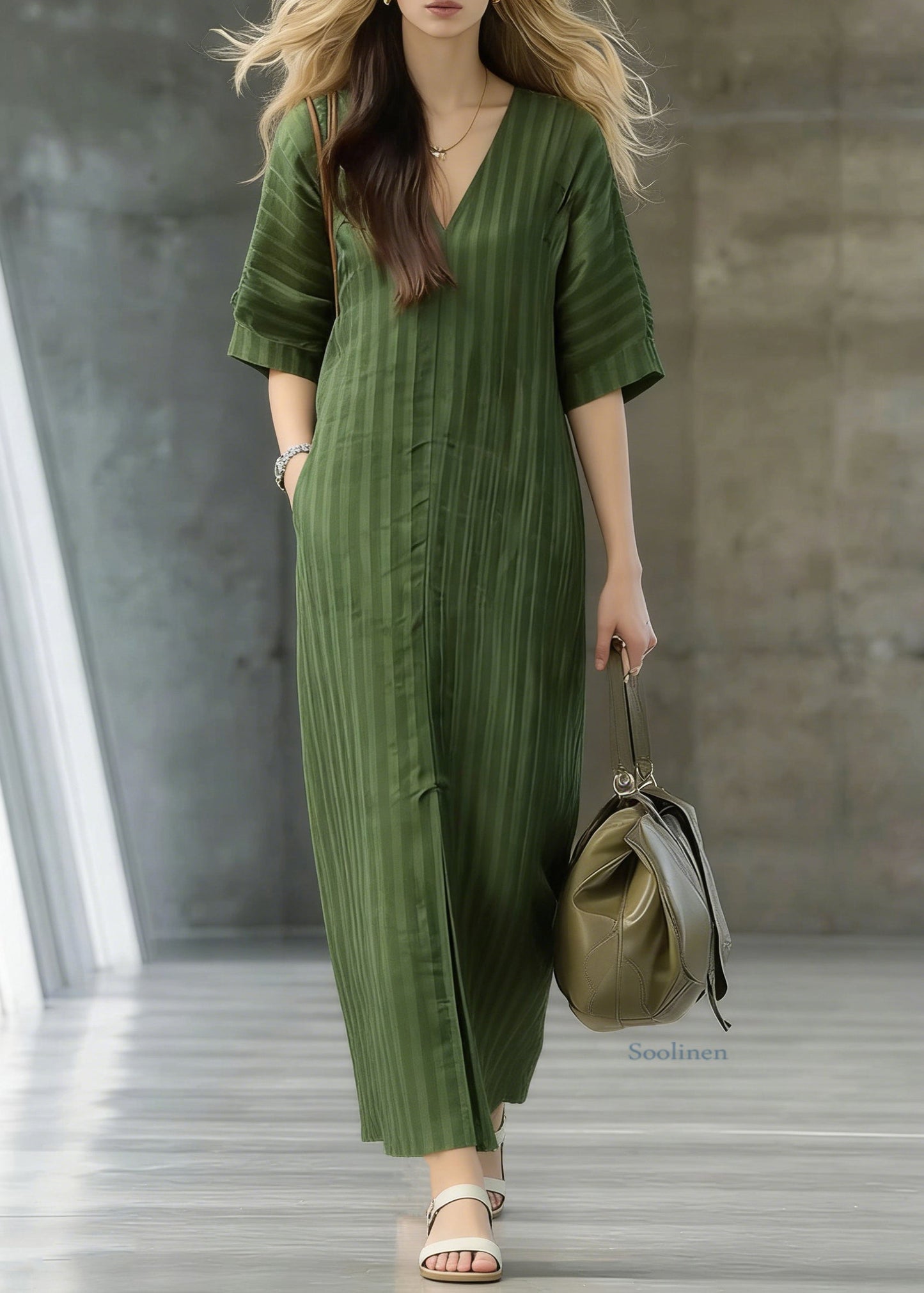 Striped Green Pockets Front Open Linen Long Dress Summer