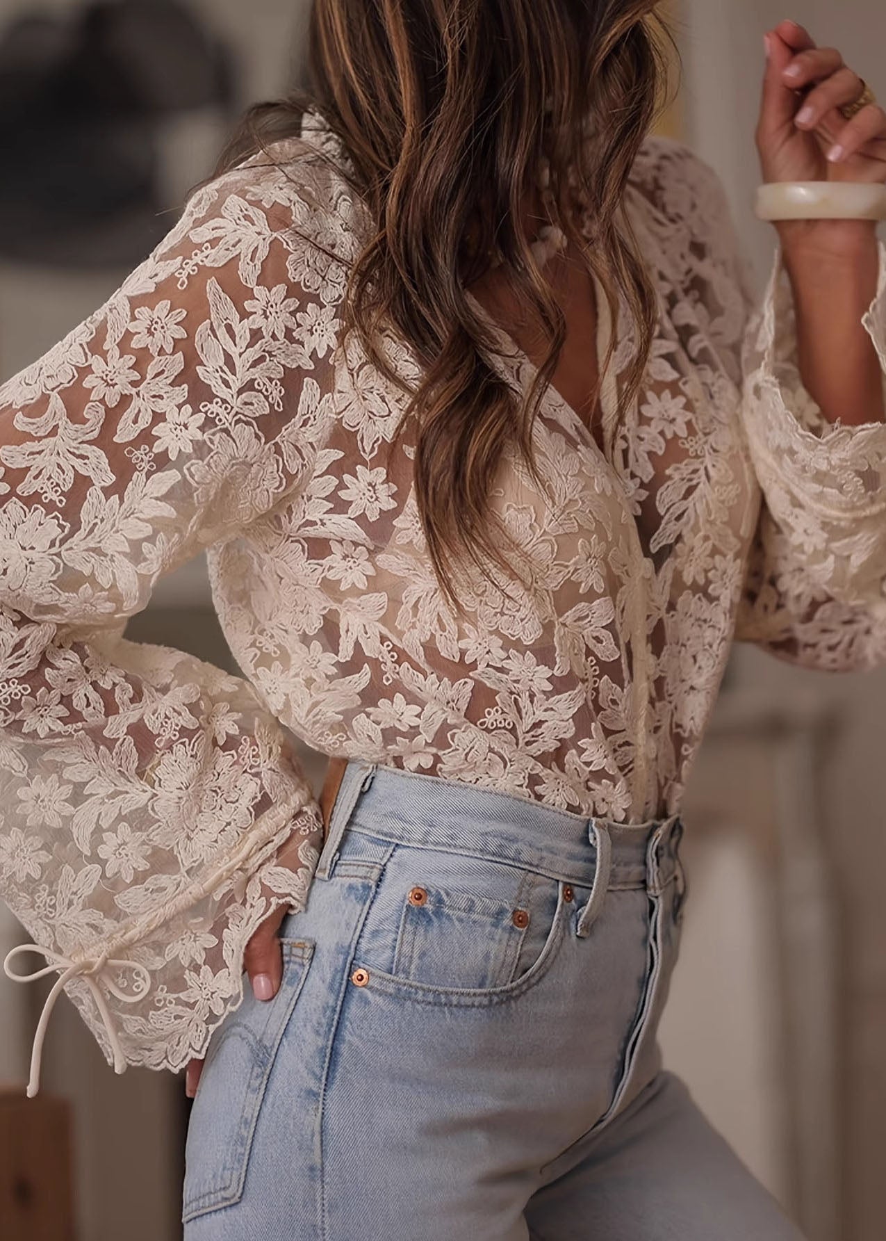 Style Beige Button Patchwork Lace Shirts Top Spring